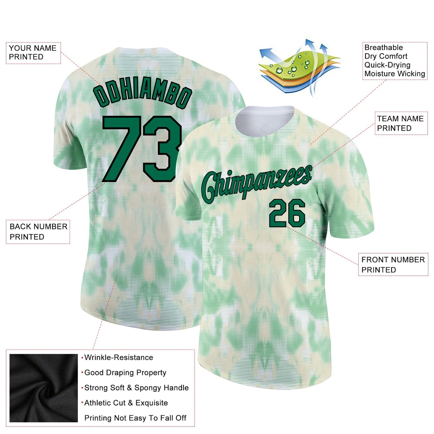 Custom Tie Dye Kelly Green-Black 3D Performance T-Shirt view 2