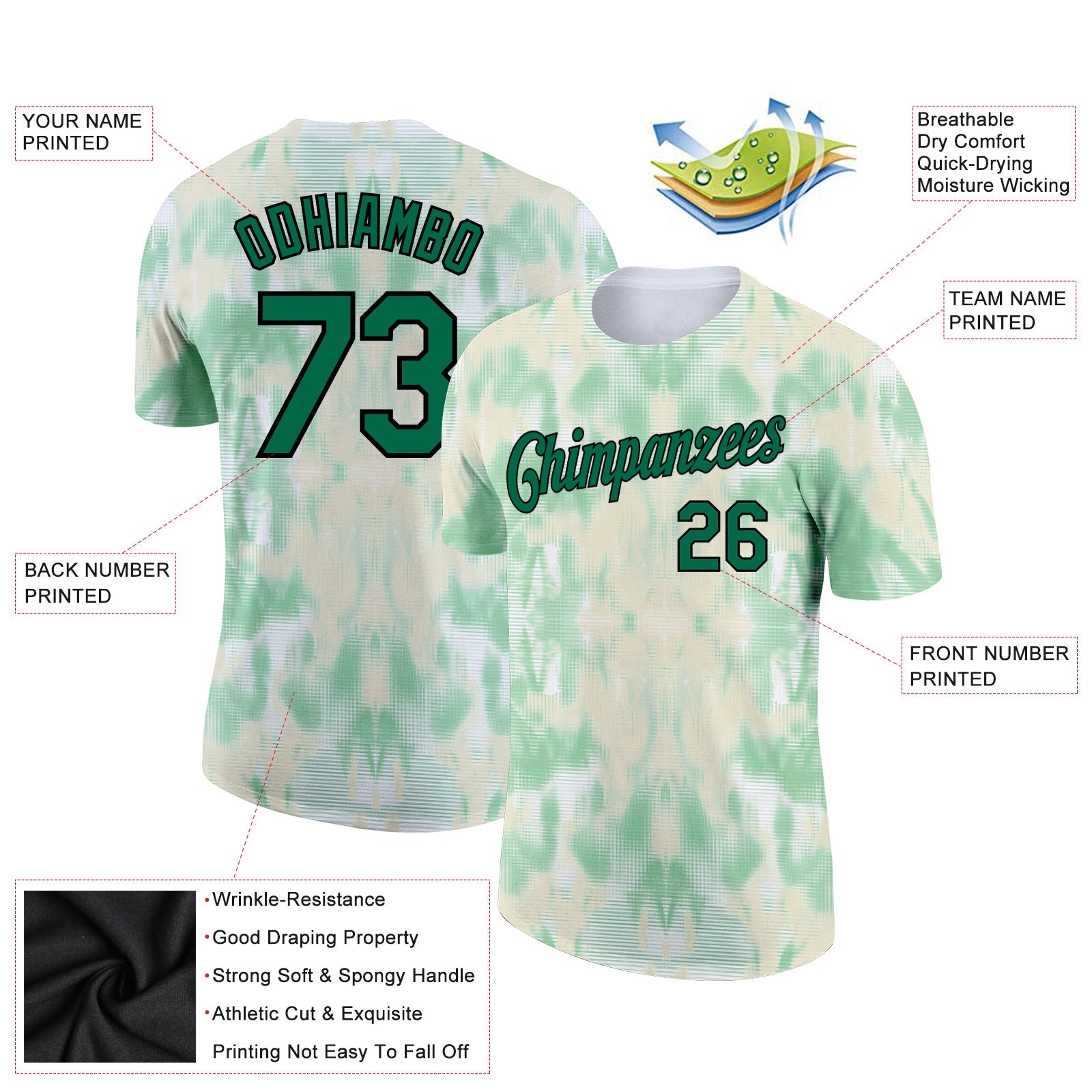 Custom Tie Dye Kelly Green-Black 3D Performance T-Shirt view 2