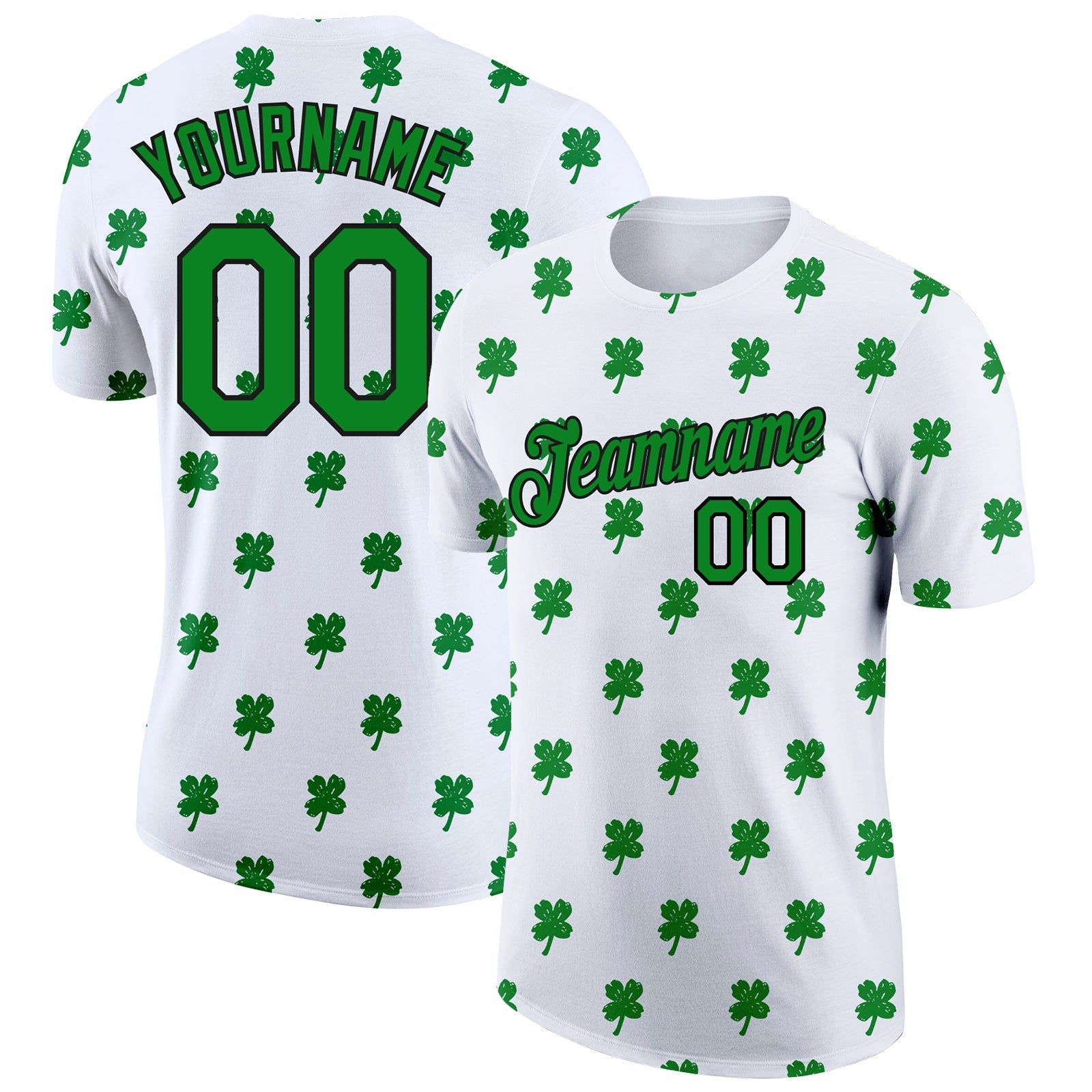 Custom White Kelly Green-Black 3D St.Patrick's Day Clovers Performance T-Shirt - Main View