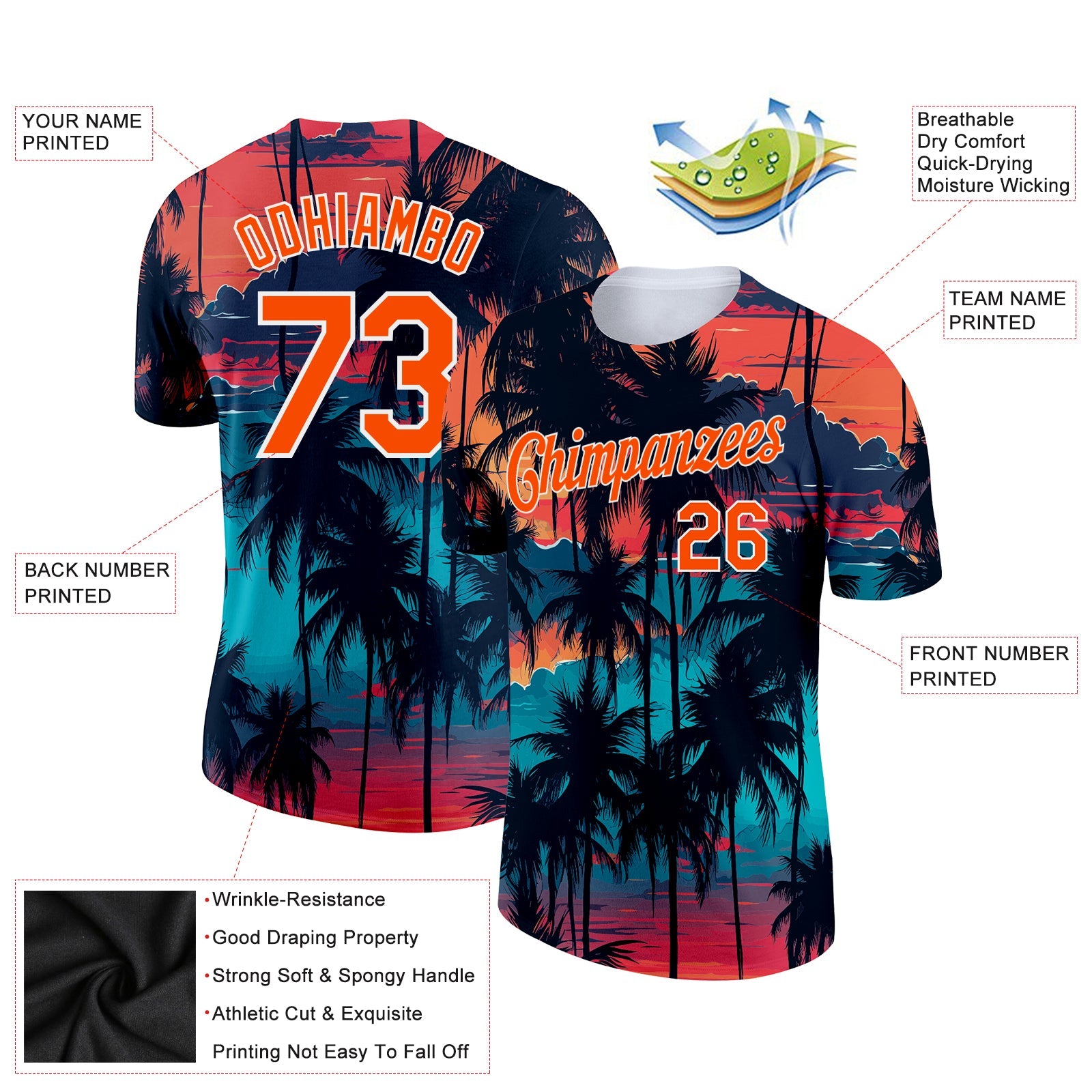 Custom Black Orange-White 3D Pattern Design Tropical Hawaii Palms Trees Performance T-Shirt view 3
