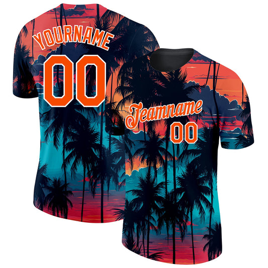 Custom Black Orange-White 3D Pattern Design Tropical Hawaii Palms Trees Performance T-Shirt - Main View