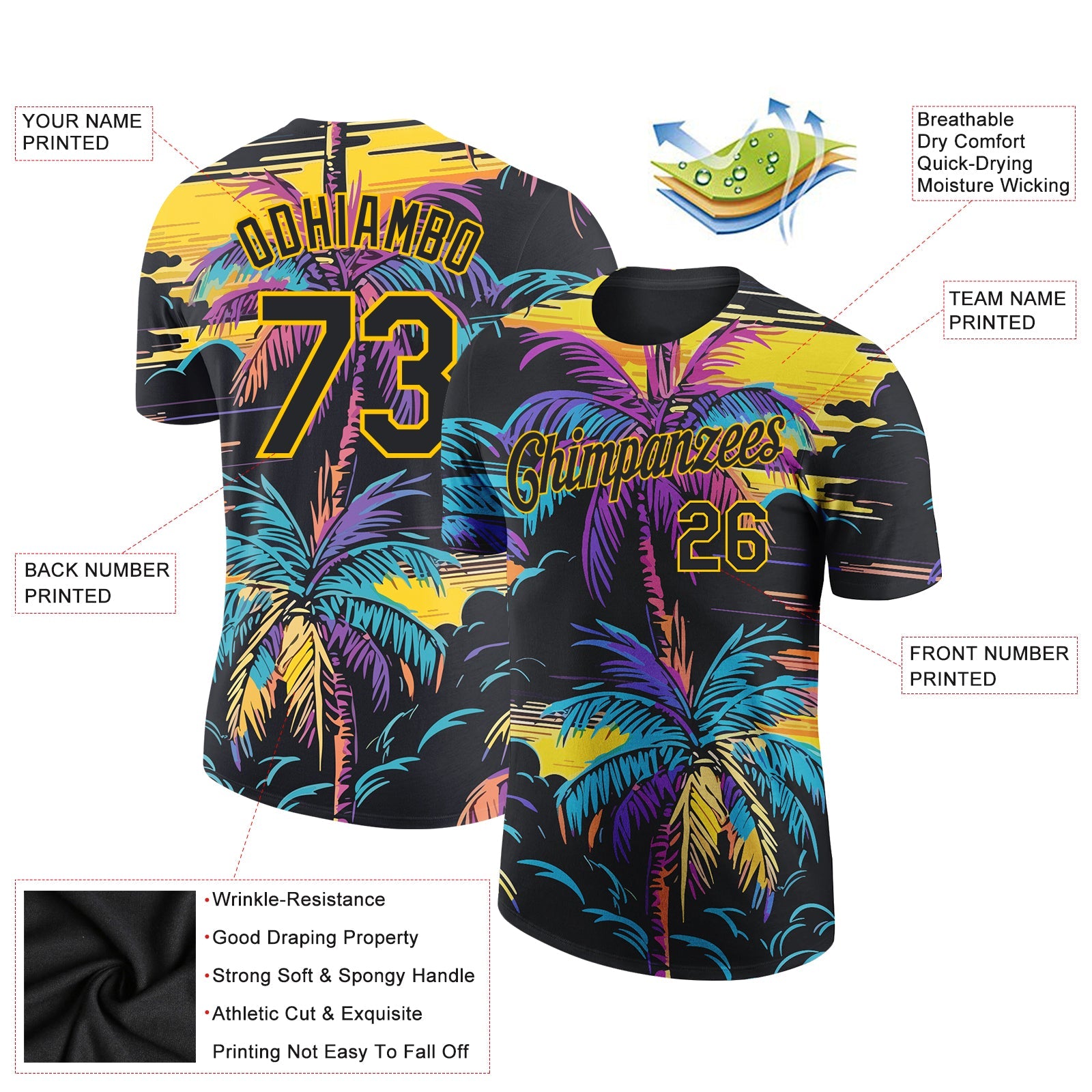 Custom Black Yellow 3D Pattern Design Tropical Hawaii Palms Trees Performance T-Shirt view 2