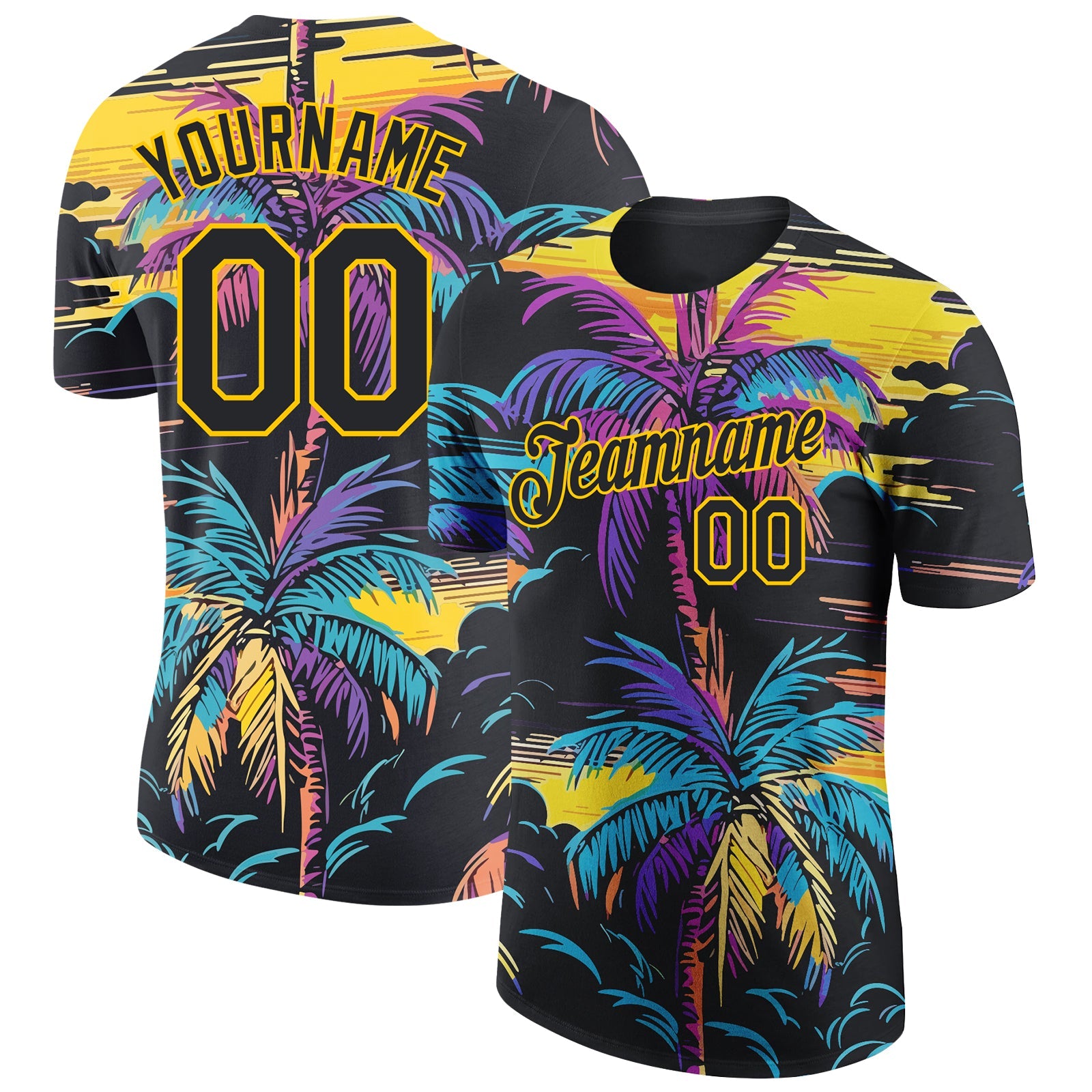 Custom Black Yellow 3D Pattern Design Tropical Hawaii Palms Trees Performance T-Shirt - Main View