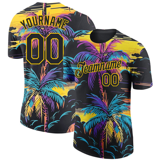 Custom Black Yellow 3D Pattern Design Tropical Hawaii Palms Trees Performance T-Shirt - Main View
