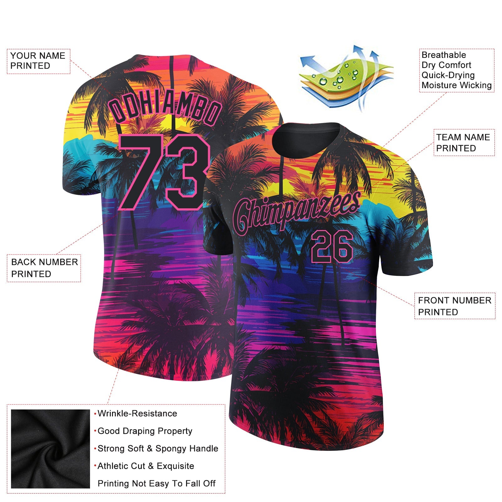 Custom Black Pink 3D Pattern Design Tropical Hawaii Palms Trees Performance T-Shirt view 2