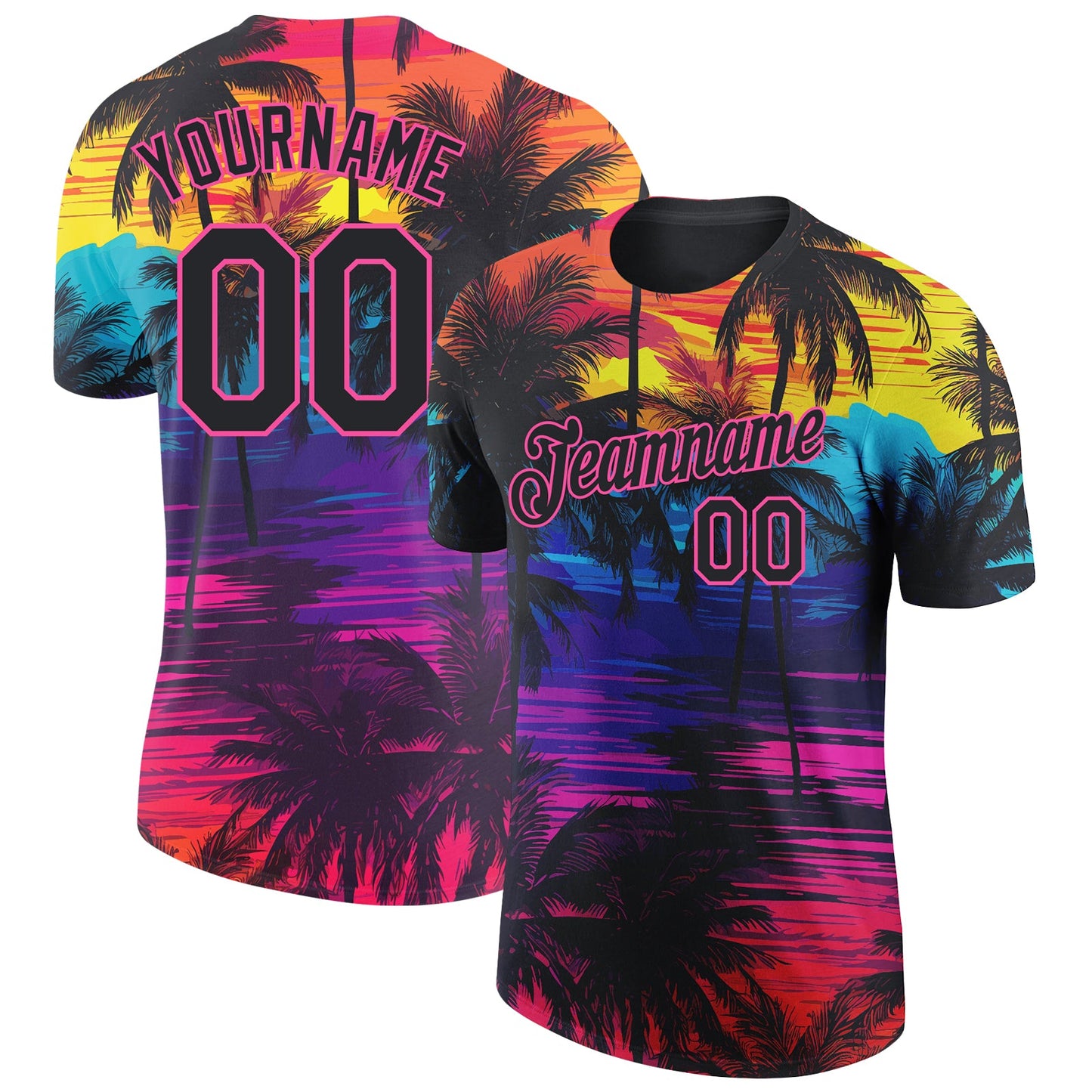 Custom Black Pink 3D Pattern Design Tropical Hawaii Palms Trees Performance T-Shirt - Main View