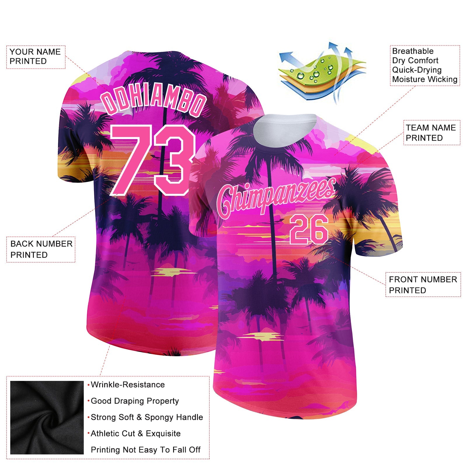 Custom Pink White 3D Pattern Design Tropical Hawaii Palms Trees Performance T-Shirt view 2