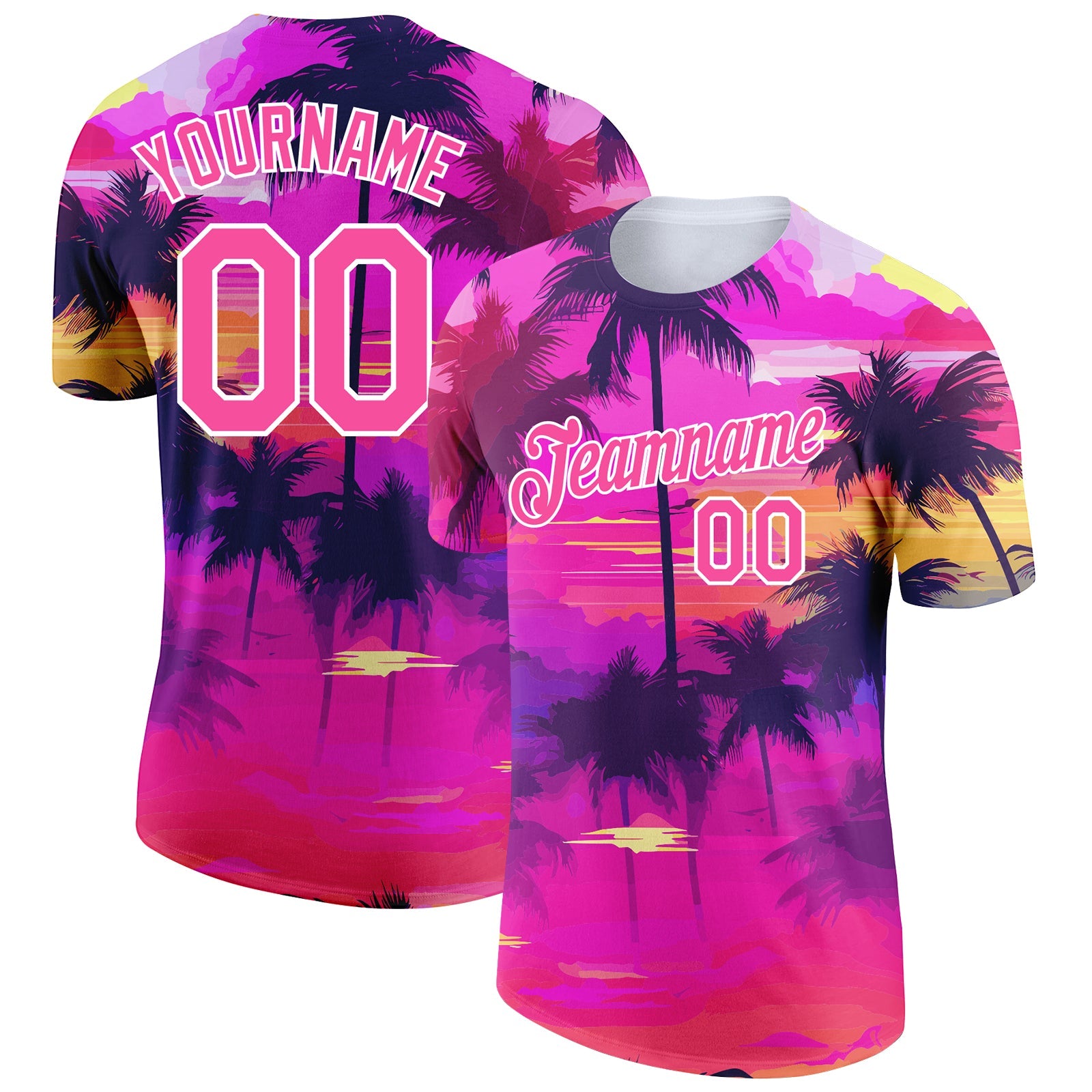 Custom Pink White 3D Pattern Design Tropical Hawaii Palms Trees Performance T-Shirt - Main View