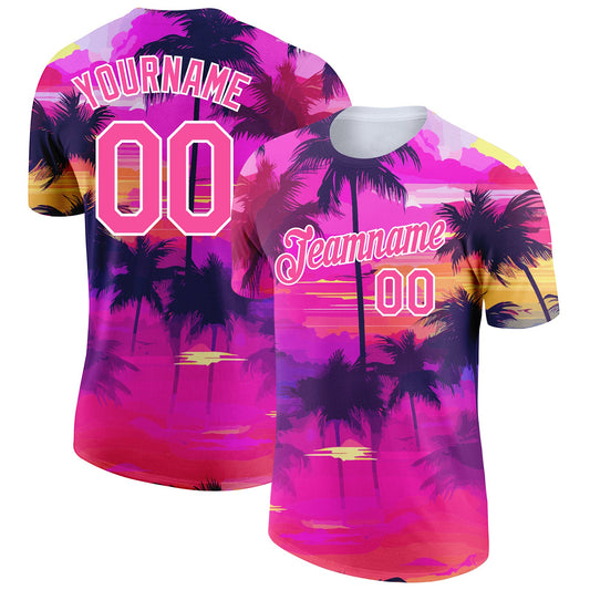 Custom Pink White 3D Pattern Design Tropical Hawaii Palms Trees Performance T-Shirt - Main View