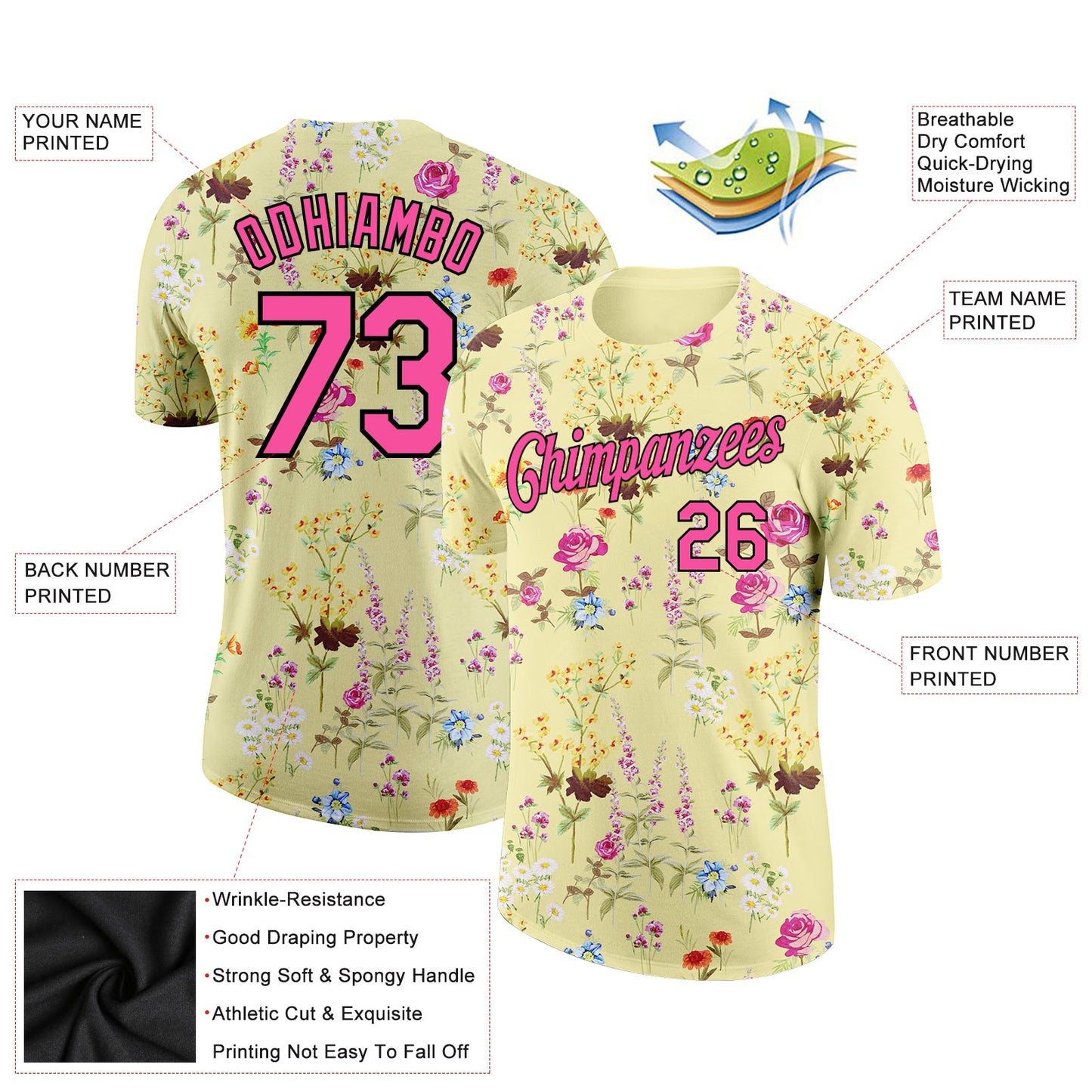 Custom Yellow Pink-Black 3D Pattern Design Tropical Hawaii Palms Trees Performance T-Shirt view 2