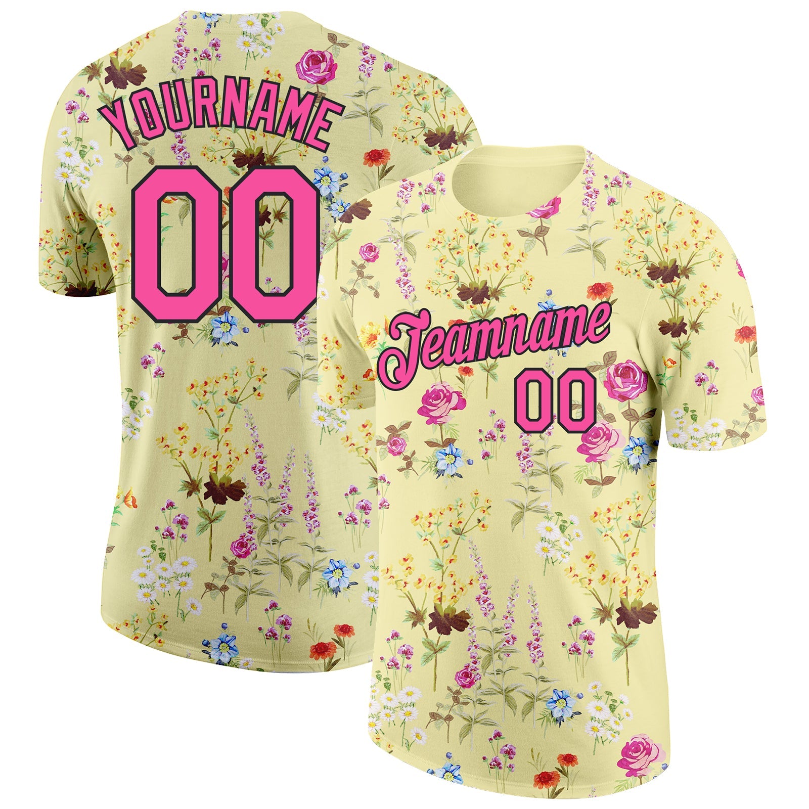 Custom Yellow Pink-Black 3D Pattern Design Tropical Hawaii Palms Trees Performance T-Shirt - Main View