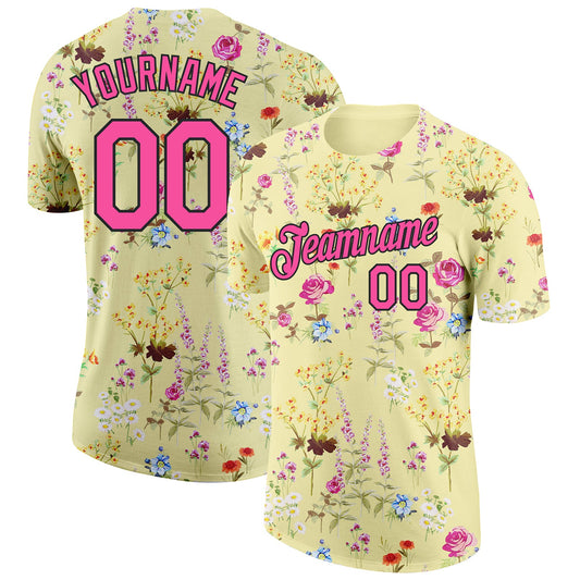 Custom Yellow Pink-Black 3D Pattern Design Tropical Hawaii Palms Trees Performance T-Shirt - Main View