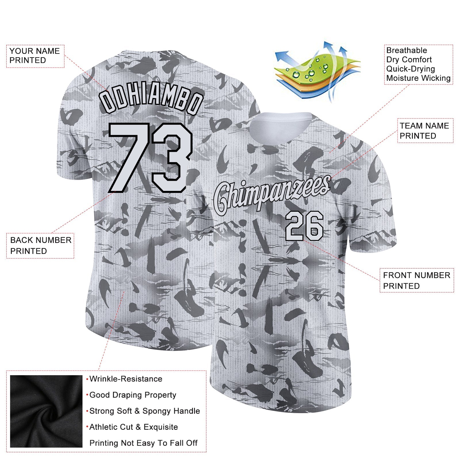 Custom Gray White-Black 3D Pattern Design Chinese Style Words And Mountain Performance T-Shirt view 2