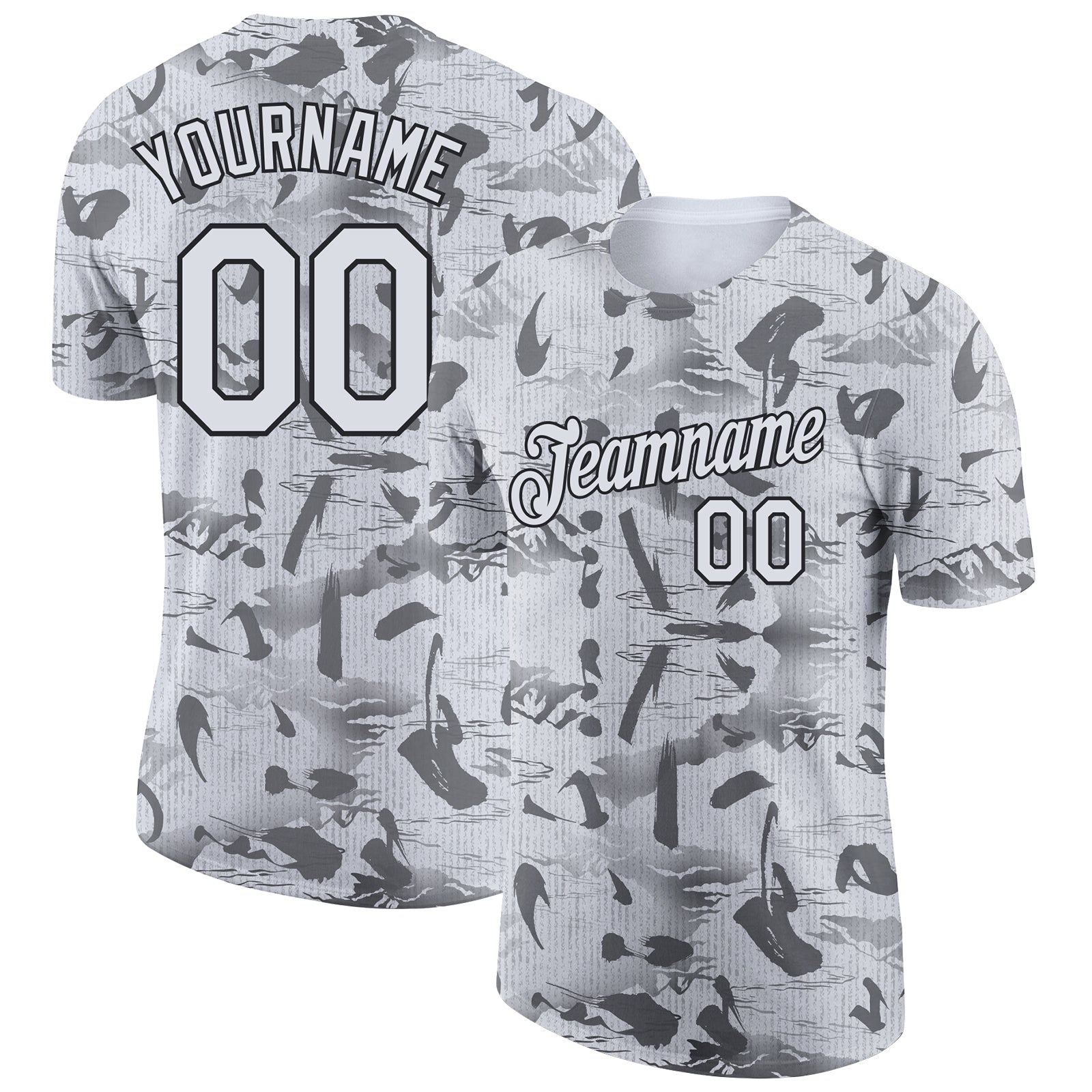 Custom Gray White-Black 3D Pattern Design Chinese Style Words And Mountain Performance T-Shirt - Main View