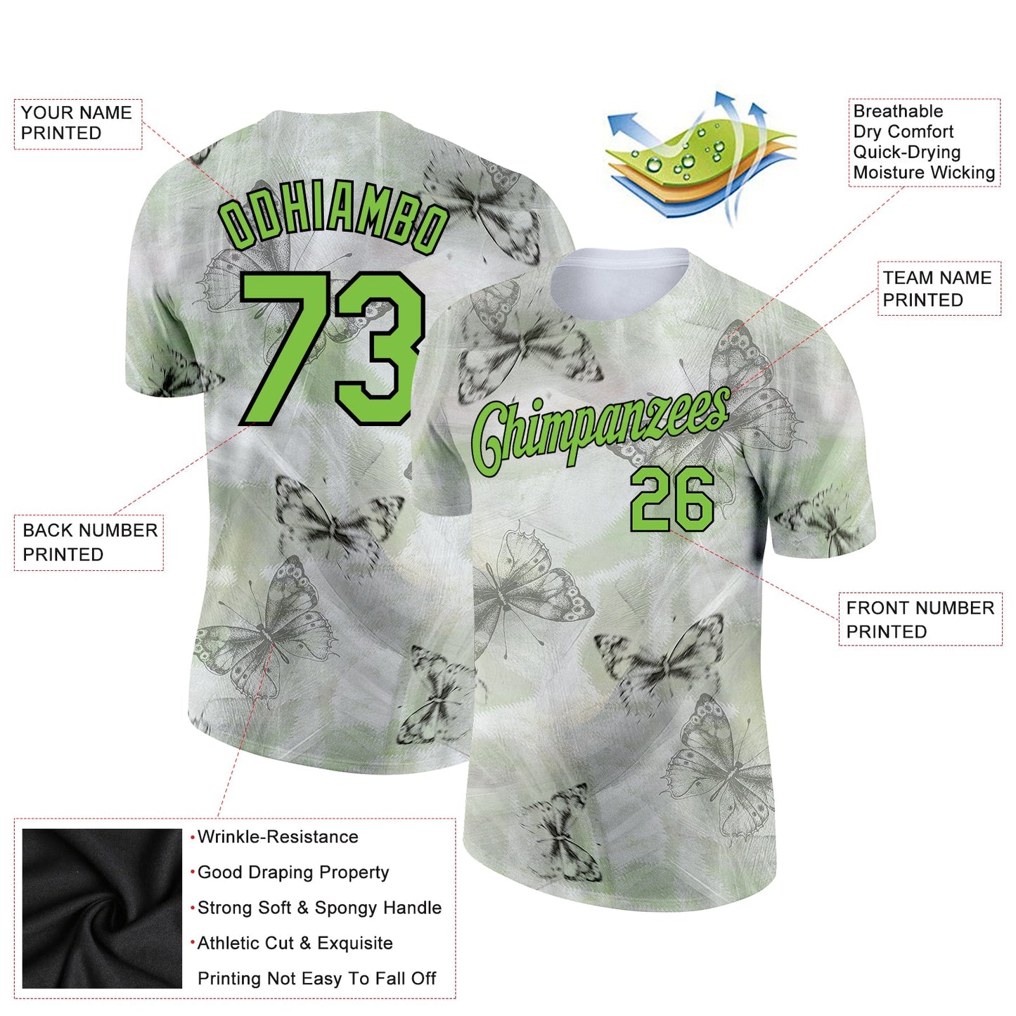Custom Gray Neon Green-Black 3D Pattern Design Butterfly Performance T-Shirt view 2