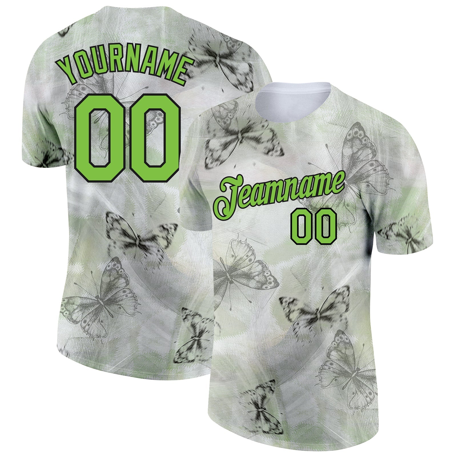 Custom Gray Neon Green-Black 3D Pattern Design Butterfly Performance T-Shirt - Main View