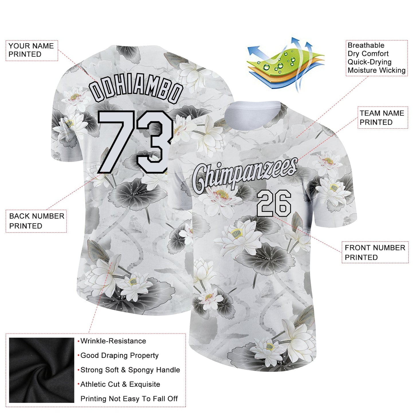 Custom White Black 3D Pattern Design Lotus Performance T-Shirt view 2