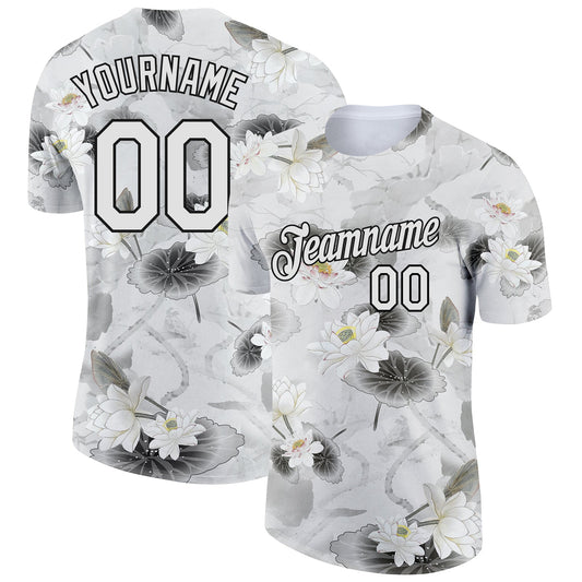 Custom White Black 3D Pattern Design Lotus Performance T-Shirt - Main View