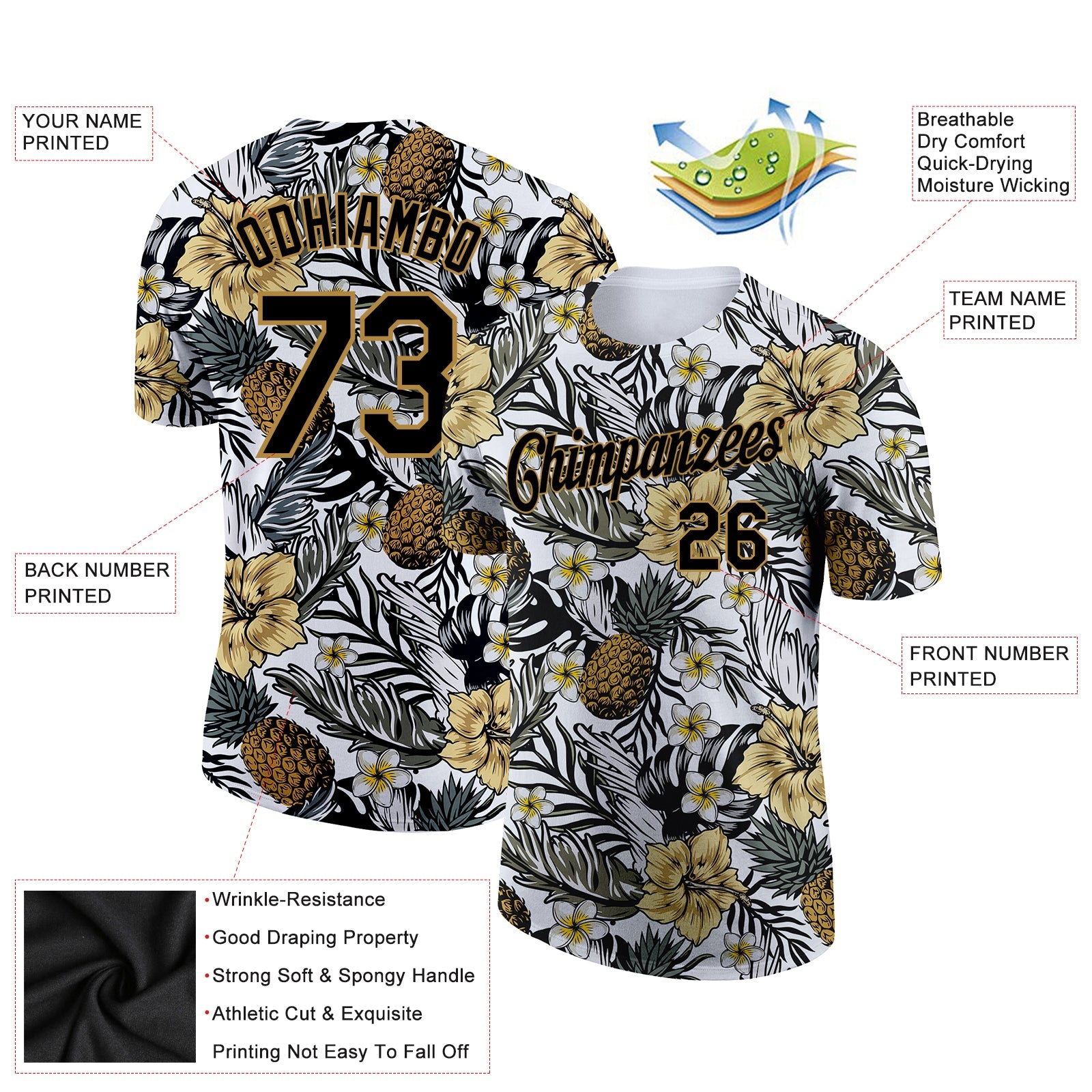 Custom Black Old Gold 3D Pattern Design Tropical Plant And Pineapples Performance T-Shirt view 2