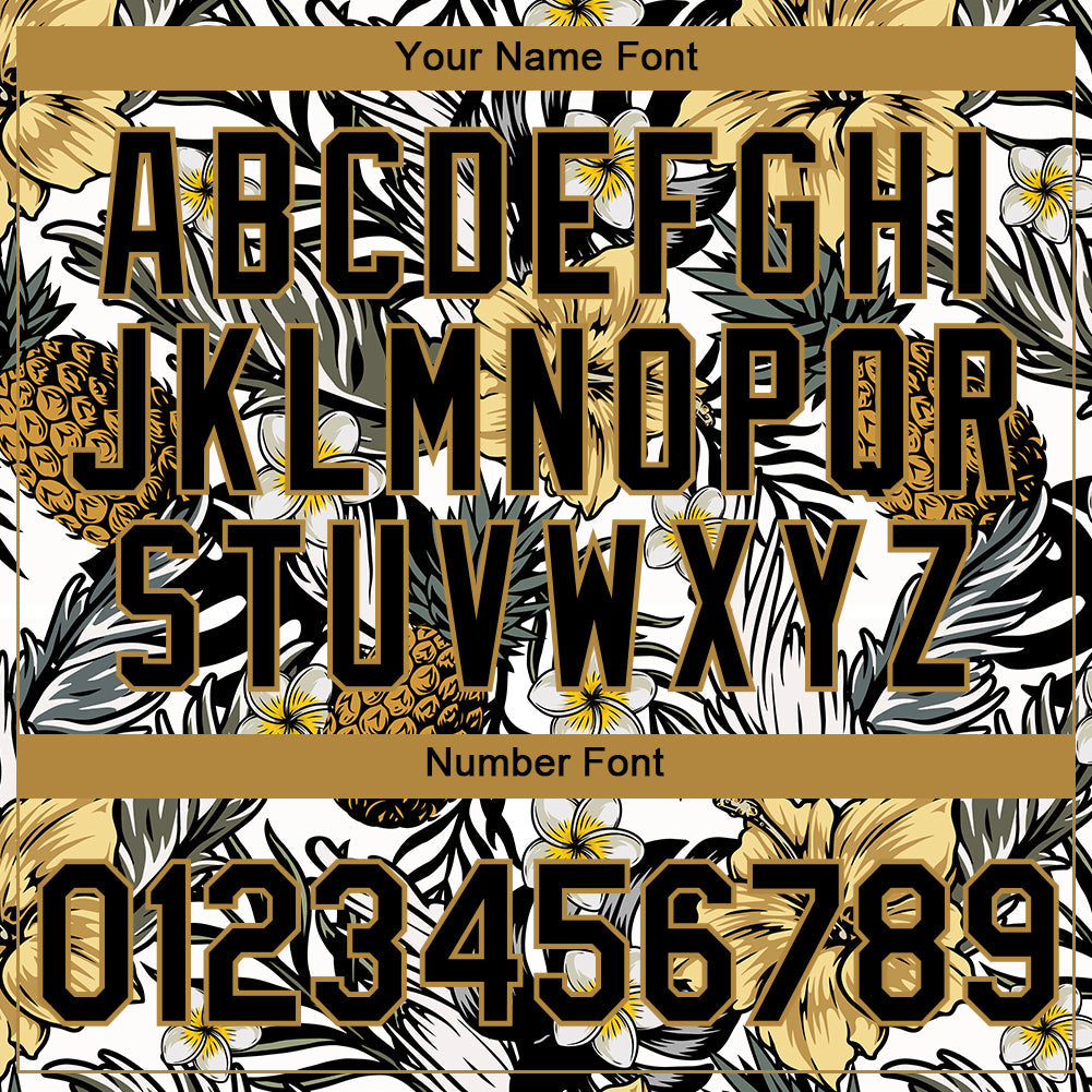 Custom Black Old Gold 3D Pattern Design Tropical Plant And Pineapples Performance T-Shirt view 4