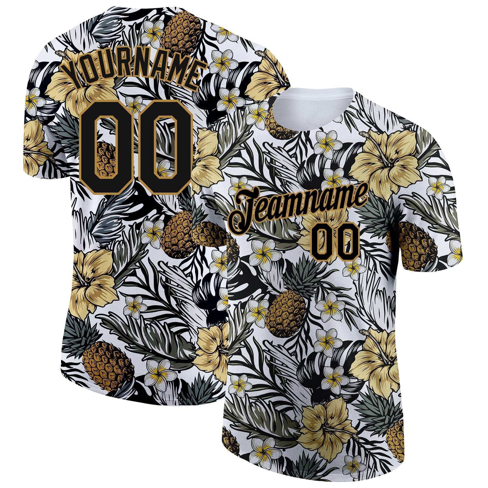 Custom Black Old Gold 3D Pattern Design Tropical Plant And Pineapples Performance T-Shirt - Main View