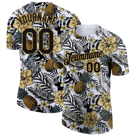 Custom Black Old Gold 3D Pattern Design Tropical Plant And Pineapples Performance T-Shirt - Main View