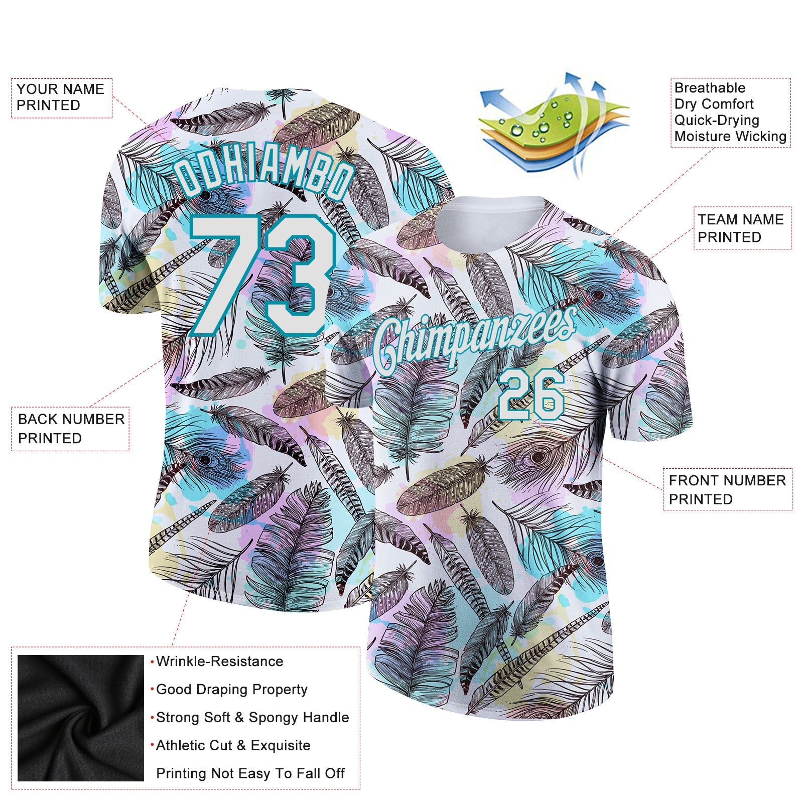 Custom White Teal 3D Pattern Design Feathers Performance T-Shirt view 2
