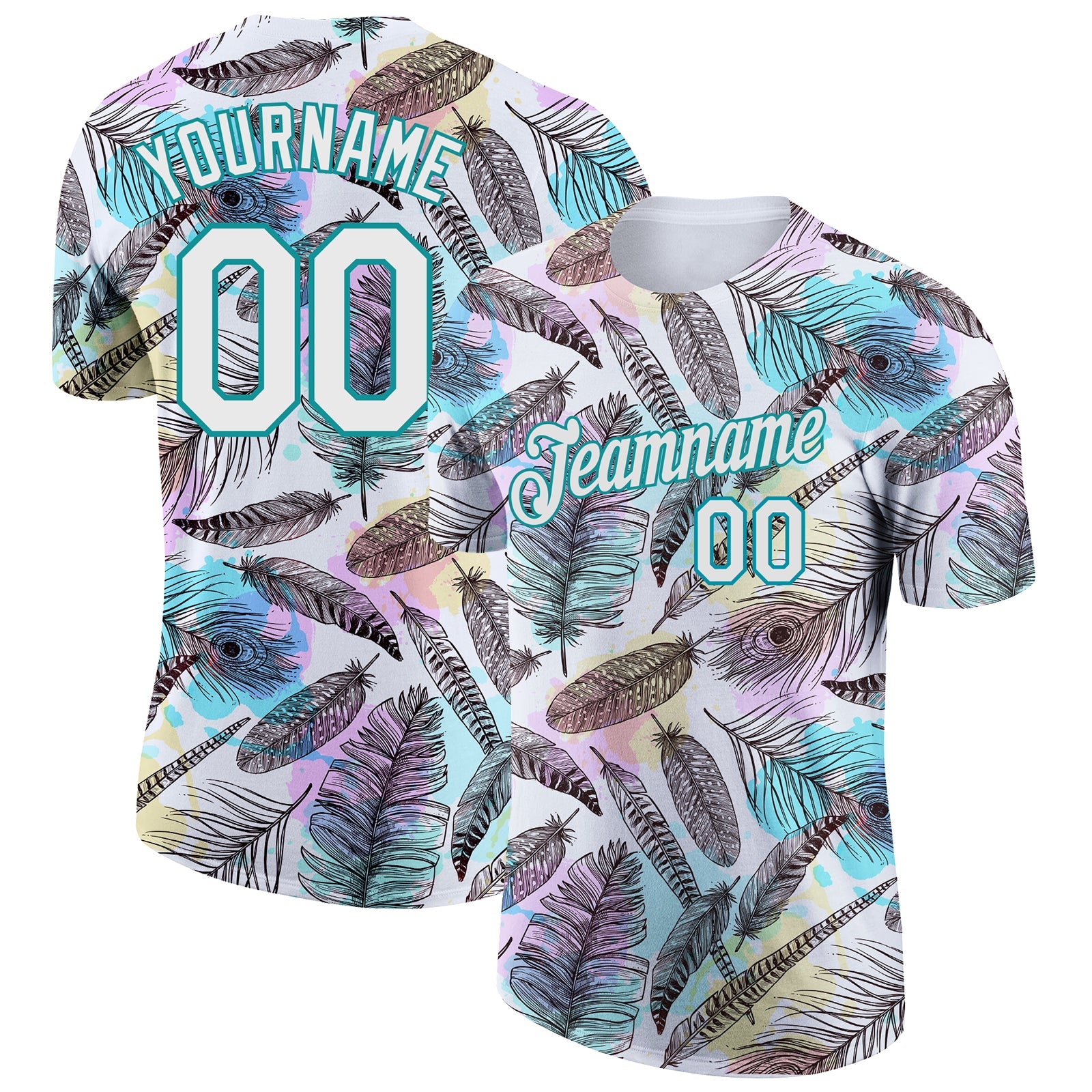Custom White Teal 3D Pattern Design Feathers Performance T-Shirt - Main View