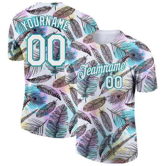 Custom White Teal 3D Pattern Design Feathers Performance T-Shirt - Main View