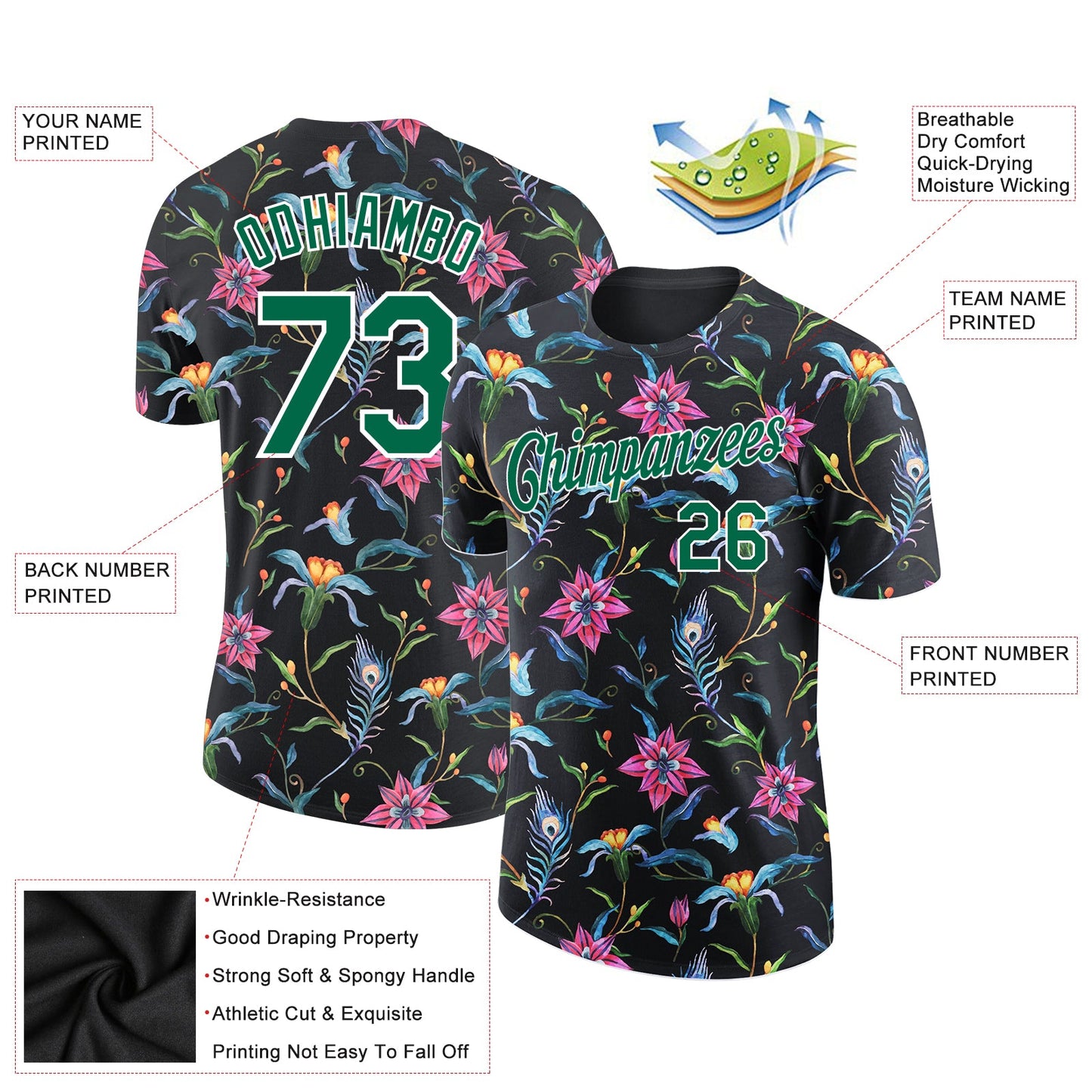 Custom Black Kelly Green-White 3D Pattern Design Flowers Performance T-Shirt view 2