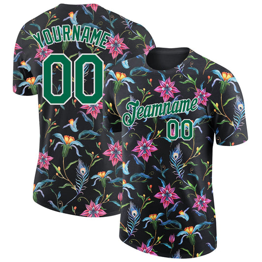 Custom Black Kelly Green-White 3D Pattern Design Flowers Performance T-Shirt - Main View