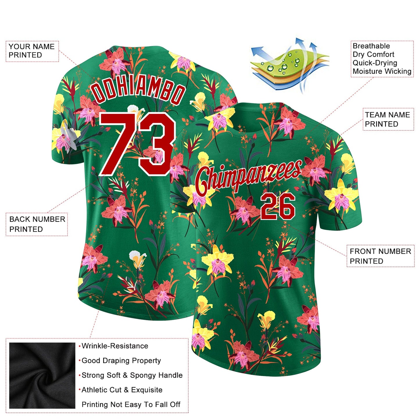 Custom Kelly Green Red-White 3D Pattern Design Flowers Performance T-Shirt view 2