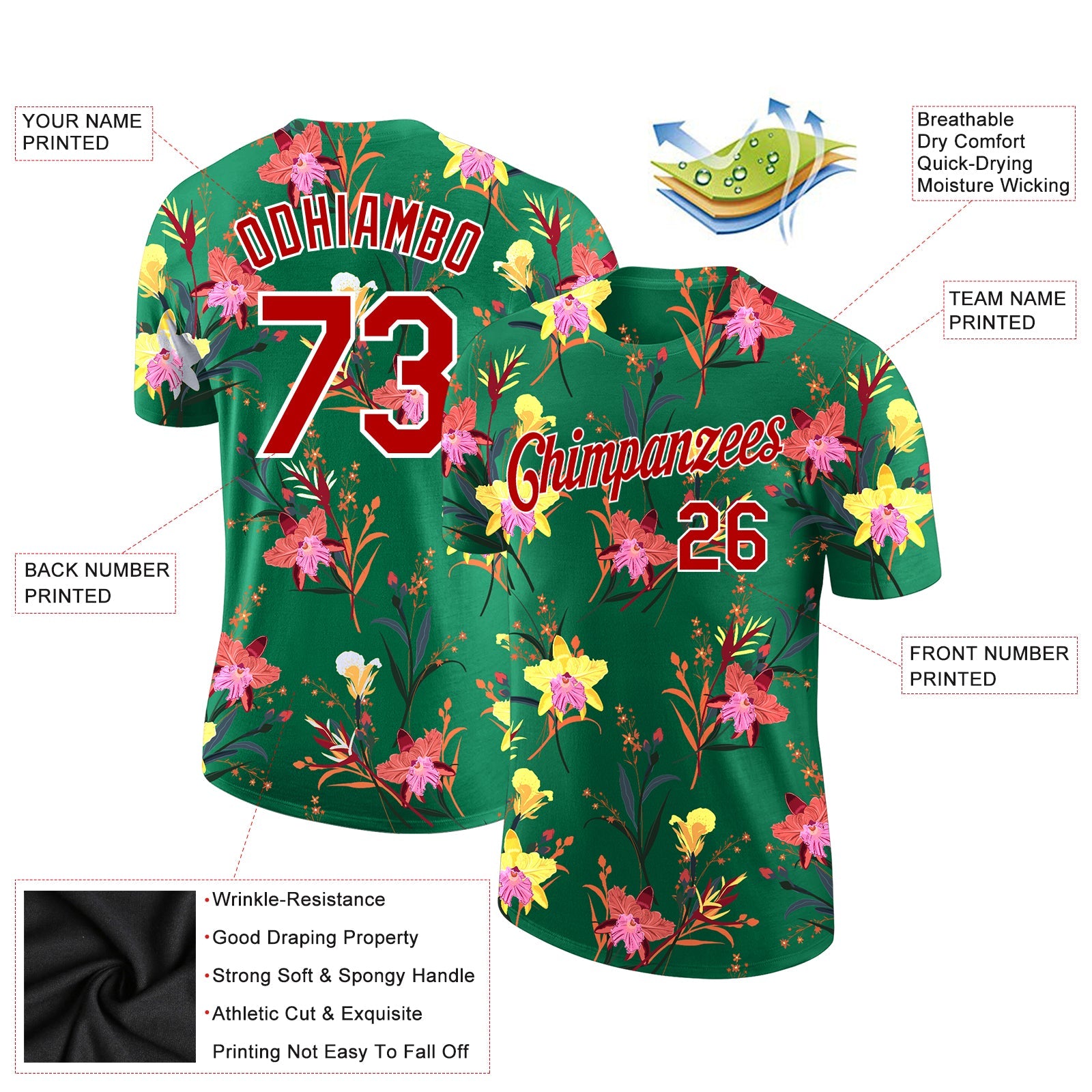 Custom Kelly Green Red-White 3D Pattern Design Flowers Performance T-Shirt view 2