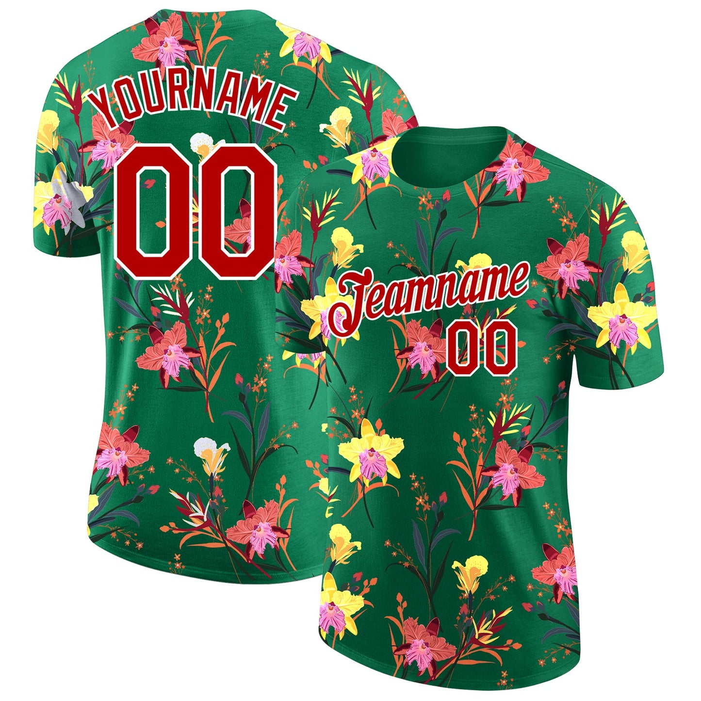 Custom Kelly Green Red-White 3D Pattern Design Flowers Performance T-Shirt - Main View