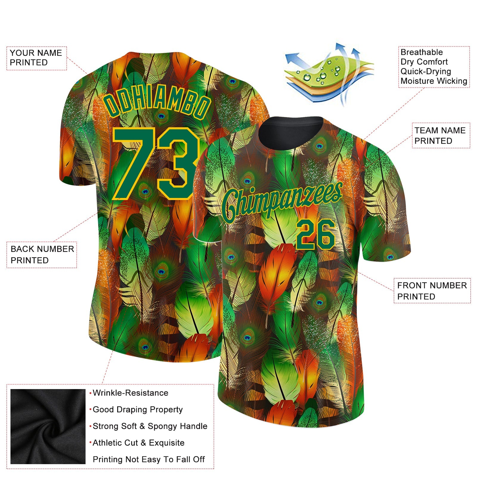 Custom Black Kelly Green-Yellow Feathers 3D Pattern Design Feathers Performance T-Shirt view 2