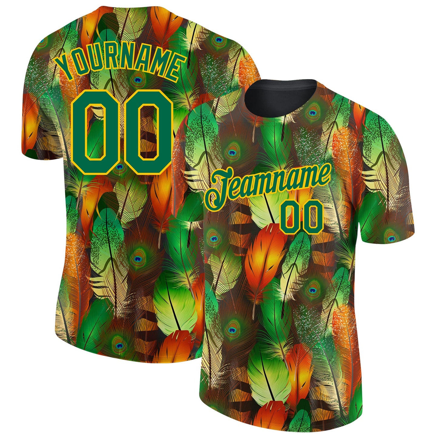 Custom Black Kelly Green-Yellow Feathers 3D Pattern Design Feathers Performance T-Shirt - Main View