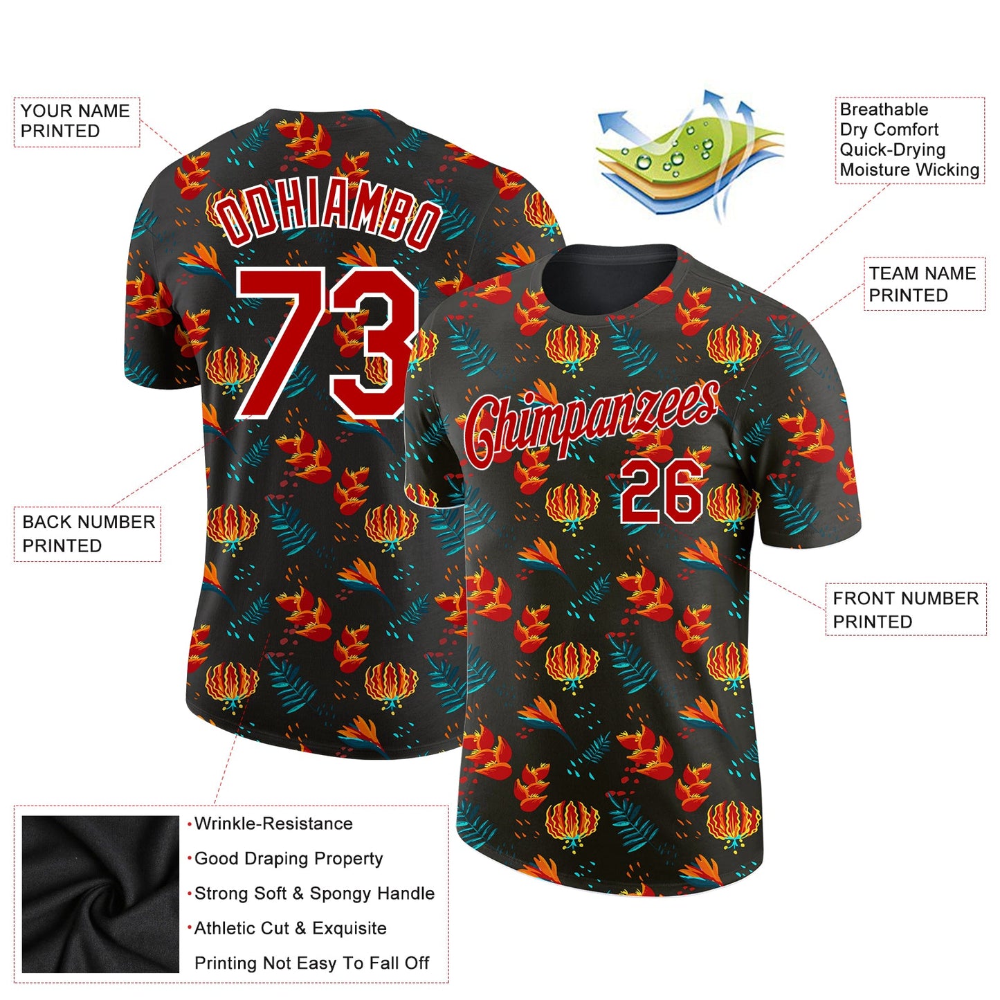 Custom Black Red-White 3D Pattern Design Tropical Hawaii Flower Performance T-Shirt view 2