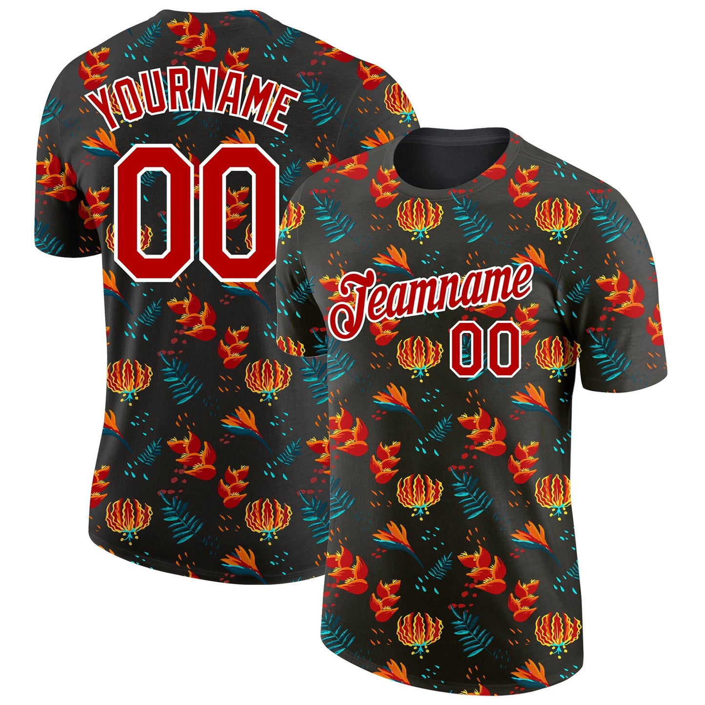 Custom Black Red-White 3D Pattern Design Tropical Hawaii Flower Performance T-Shirt - Main View