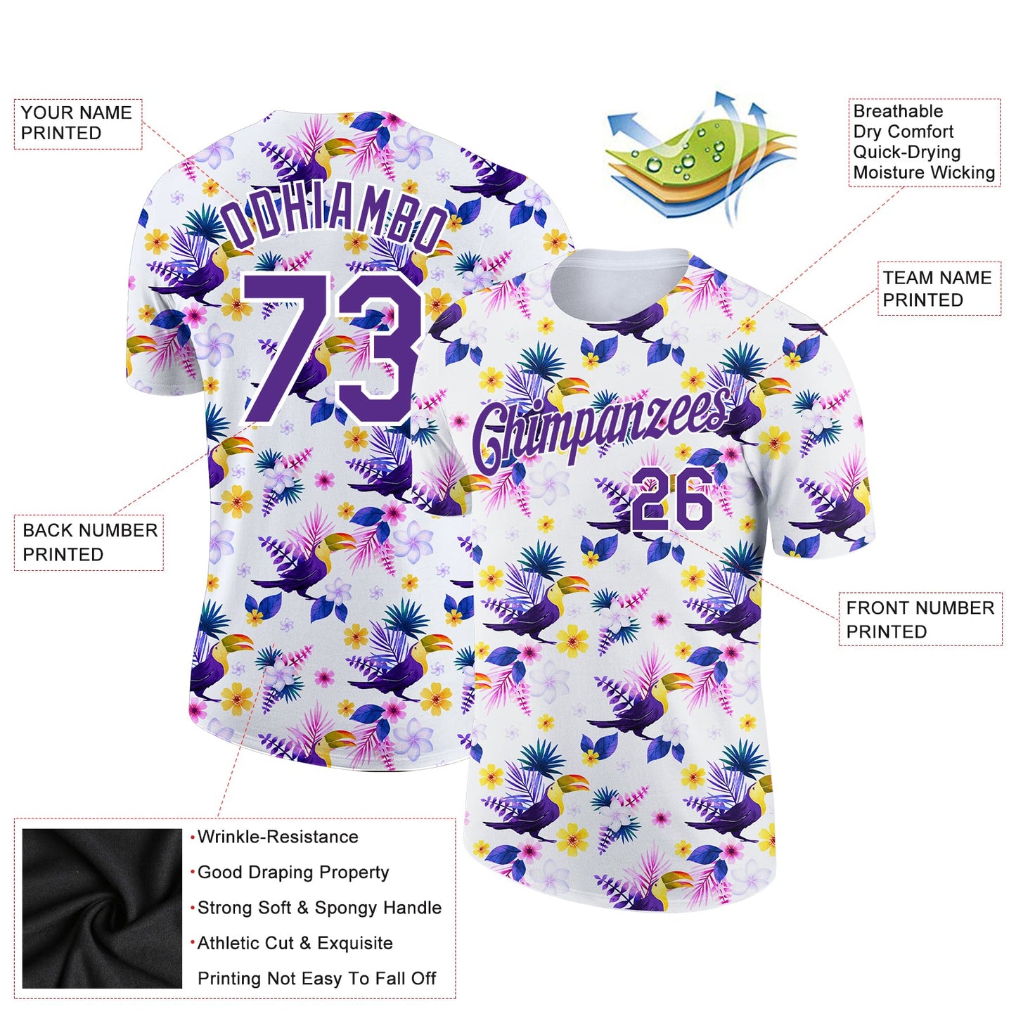 Custom White Purple 3D Pattern Design Tropical Hawaii Flower With Bird Performance T-Shirt view 2