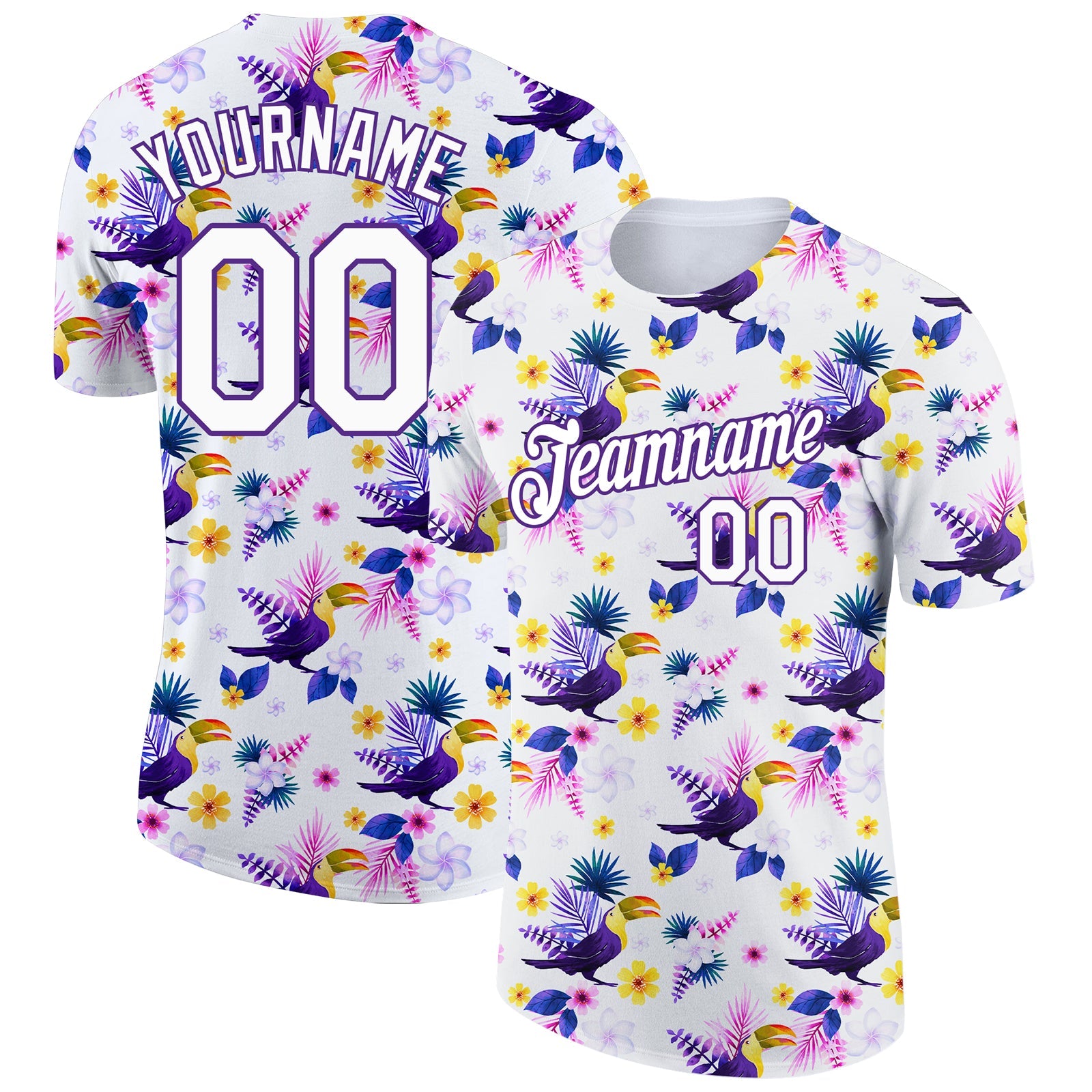 Custom White Purple 3D Pattern Design Tropical Hawaii Flower With Bird Performance T-Shirt - Main View