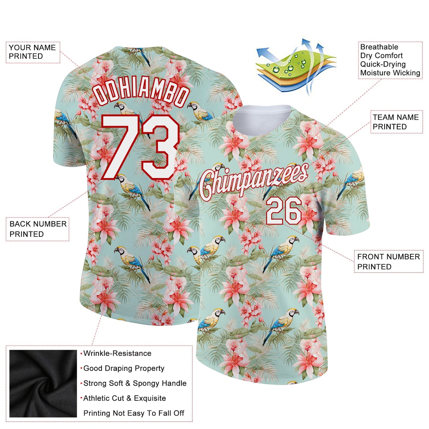 Custom Teal White-Red 3D Pattern Design Tropical Hawaii Flower With Bird Performance T-Shirt view 2