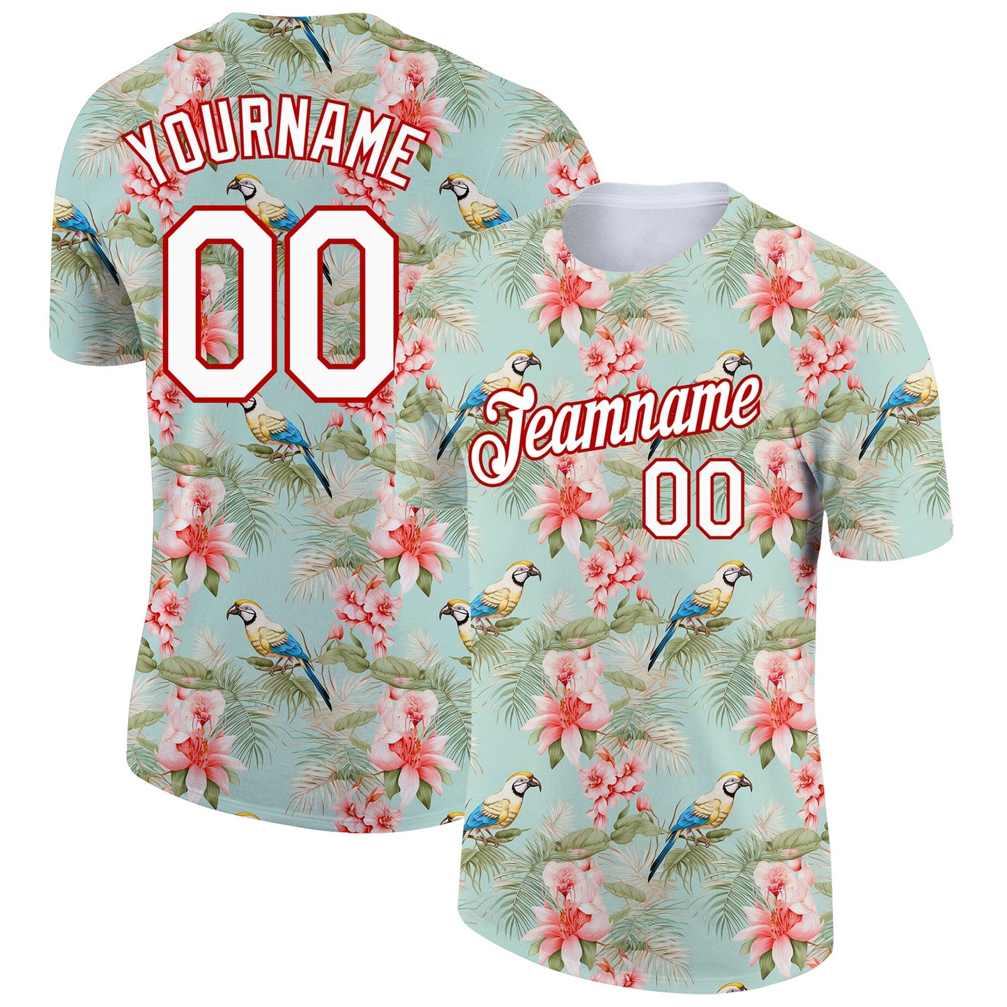 Custom Teal White-Red 3D Pattern Design Tropical Hawaii Flower With Bird Performance T-Shirt - Main View