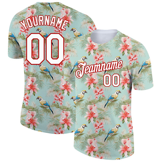Custom Teal White-Red 3D Pattern Design Tropical Hawaii Flower With Bird Performance T-Shirt - Main View