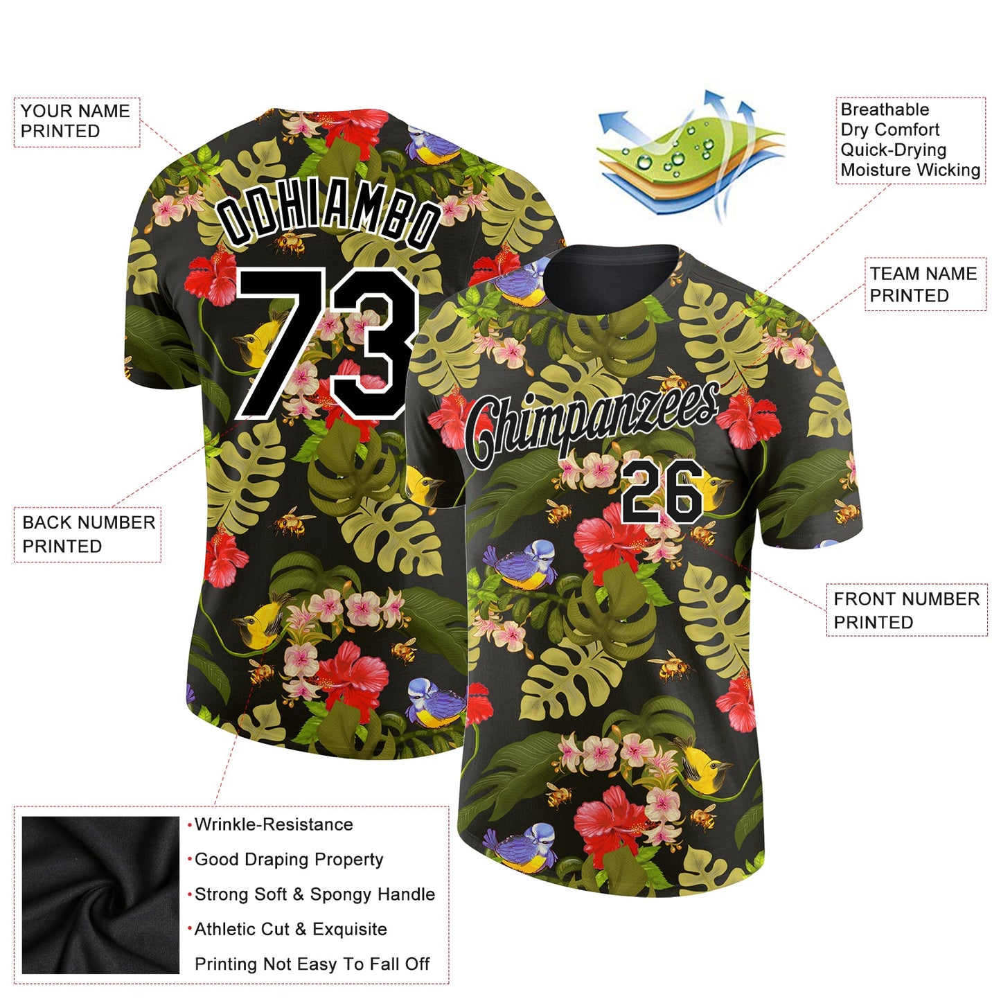 Custom Black White 3D Pattern Design Tropical Hawaii Plant With Bird Performance T-Shirt view 2
