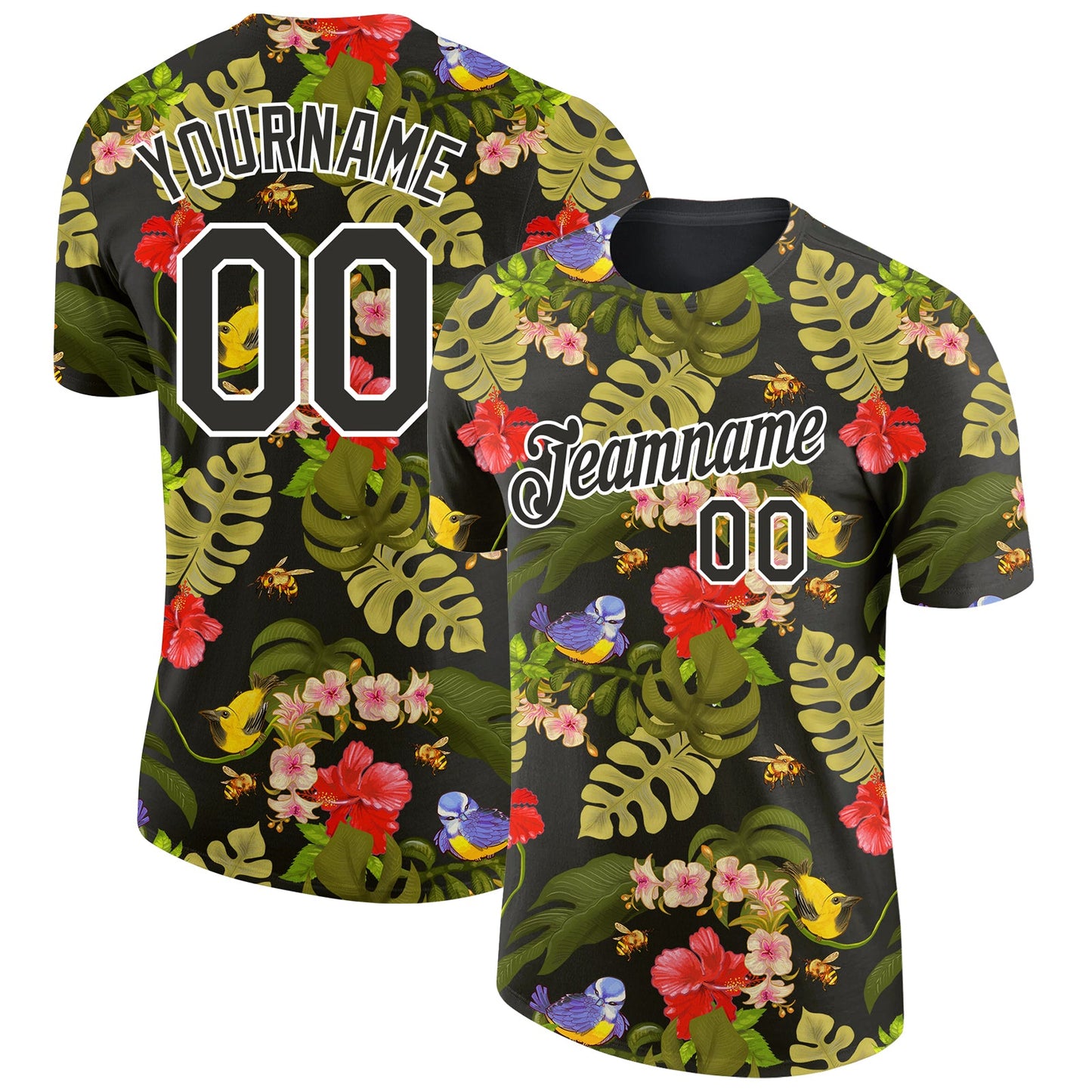 Custom Black White 3D Pattern Design Tropical Hawaii Plant With Bird Performance T-Shirt - Main View