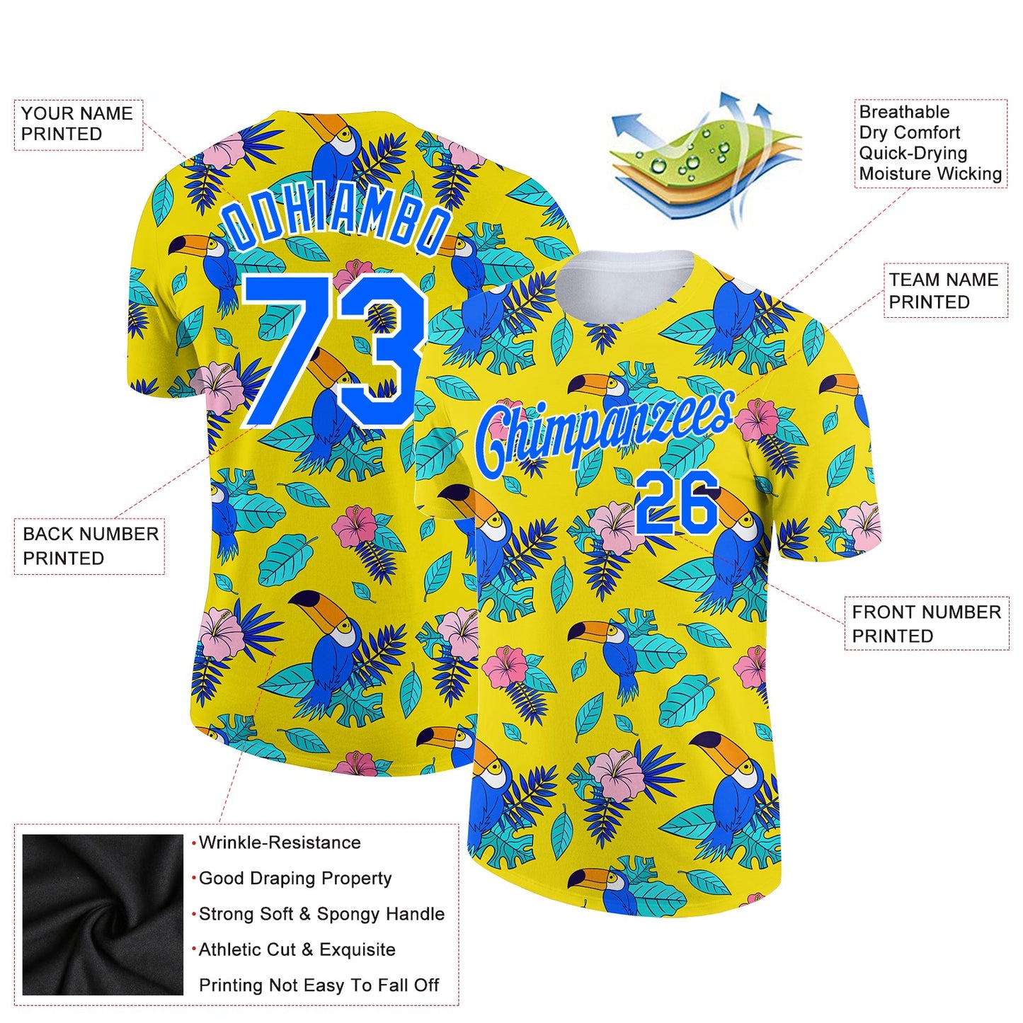 Custom Yellow Royal-White 3D Pattern Design Tropical Hawaii Plant With Bird Performance T-Shirt view 2