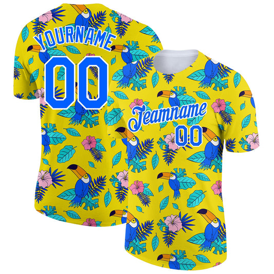 Custom Yellow Royal-White 3D Pattern Design Tropical Hawaii Plant With Bird Performance T-Shirt - Main View