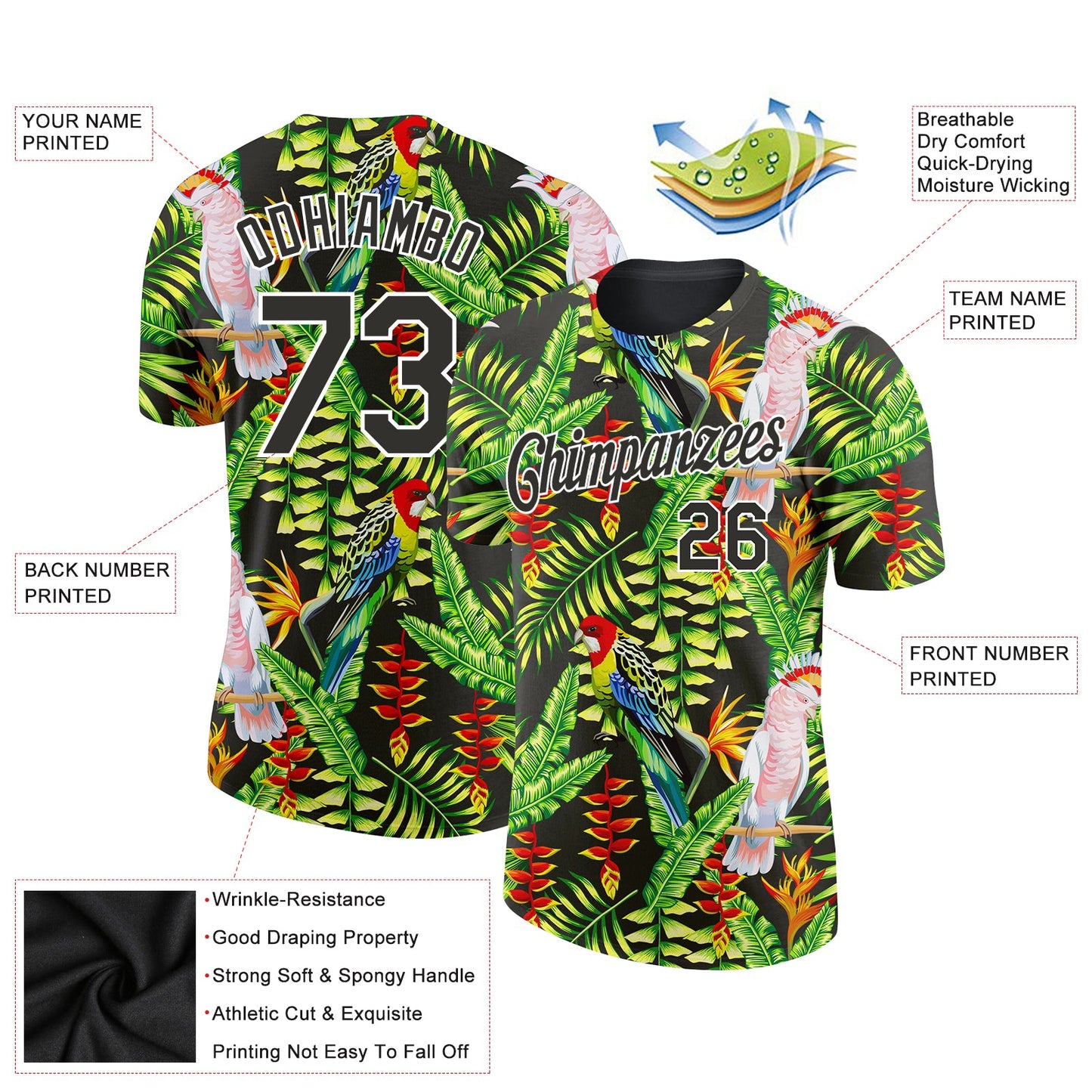 Custom Black White 3D Pattern Design Tropical Hawaii Plant With Bird Performance T-Shirt view 2