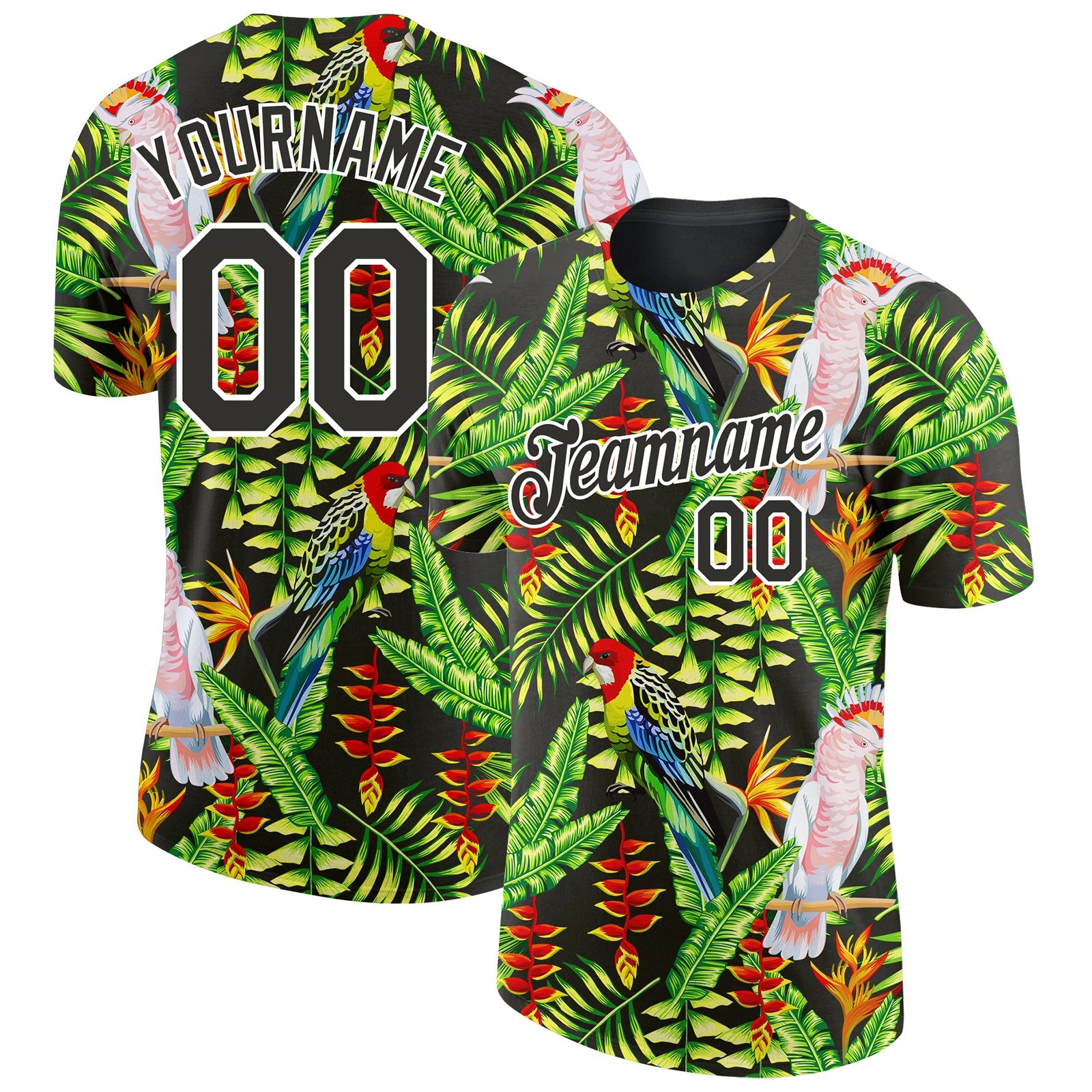 Custom Black White 3D Pattern Design Tropical Hawaii Plant With Bird Performance T-Shirt - Main View