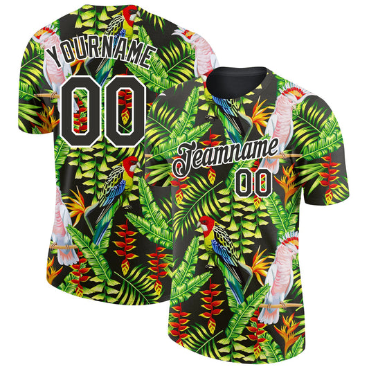 Custom Black White 3D Pattern Design Tropical Hawaii Plant With Bird Performance T-Shirt - Main View